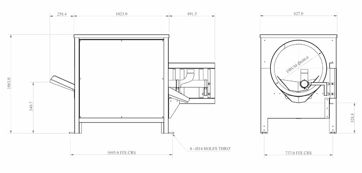 Trommeltrockner für Kleinteile - Dimensionen und technische Zeichnung