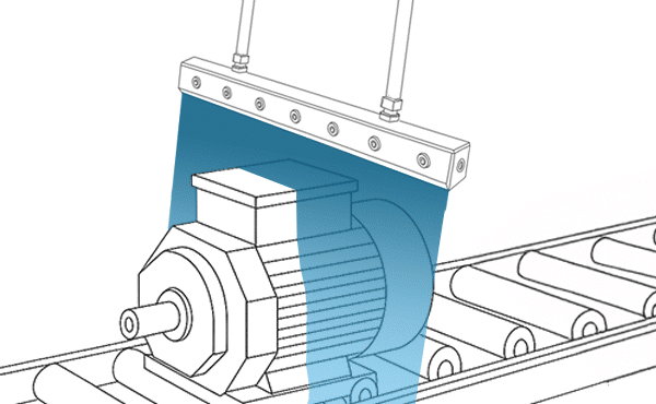 Schematische Darstellung einer Motorblock Reinigung auf einem Förderband