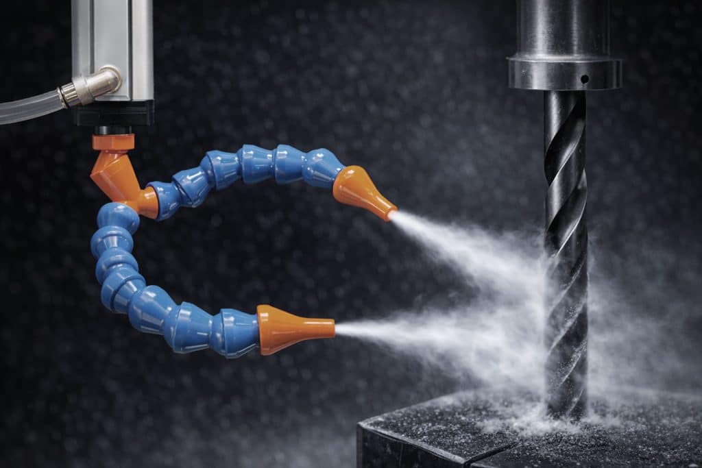 Wirbelrohr kühlt mit Druckluft und zwei Düsen einen Bohrer